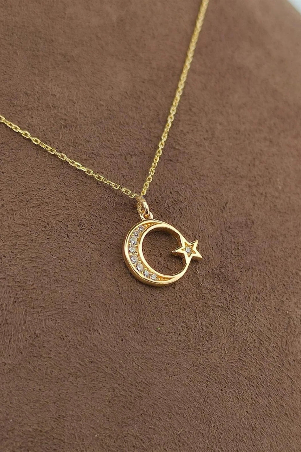 Stone-Set Gold Crescent & Star Necklace