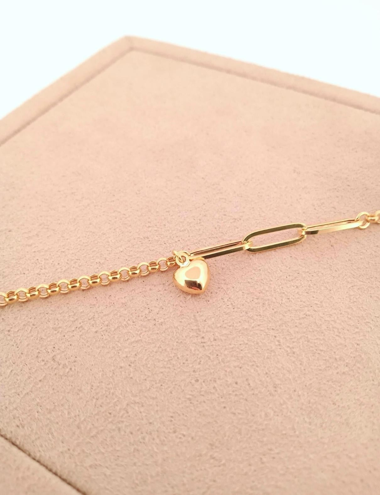 8K Drop Heart Paperclip Gold Bracelet