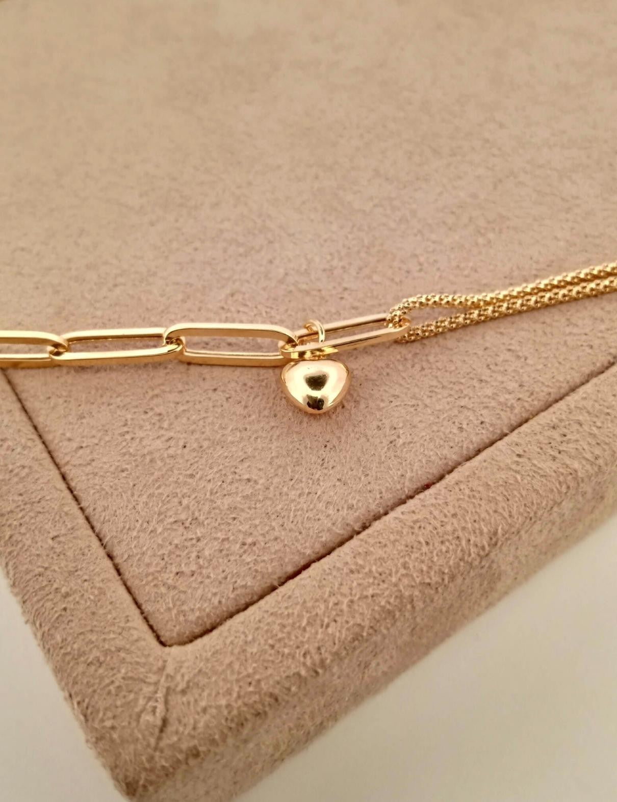 14K Heart Paperclip Chain Gold Bracelet