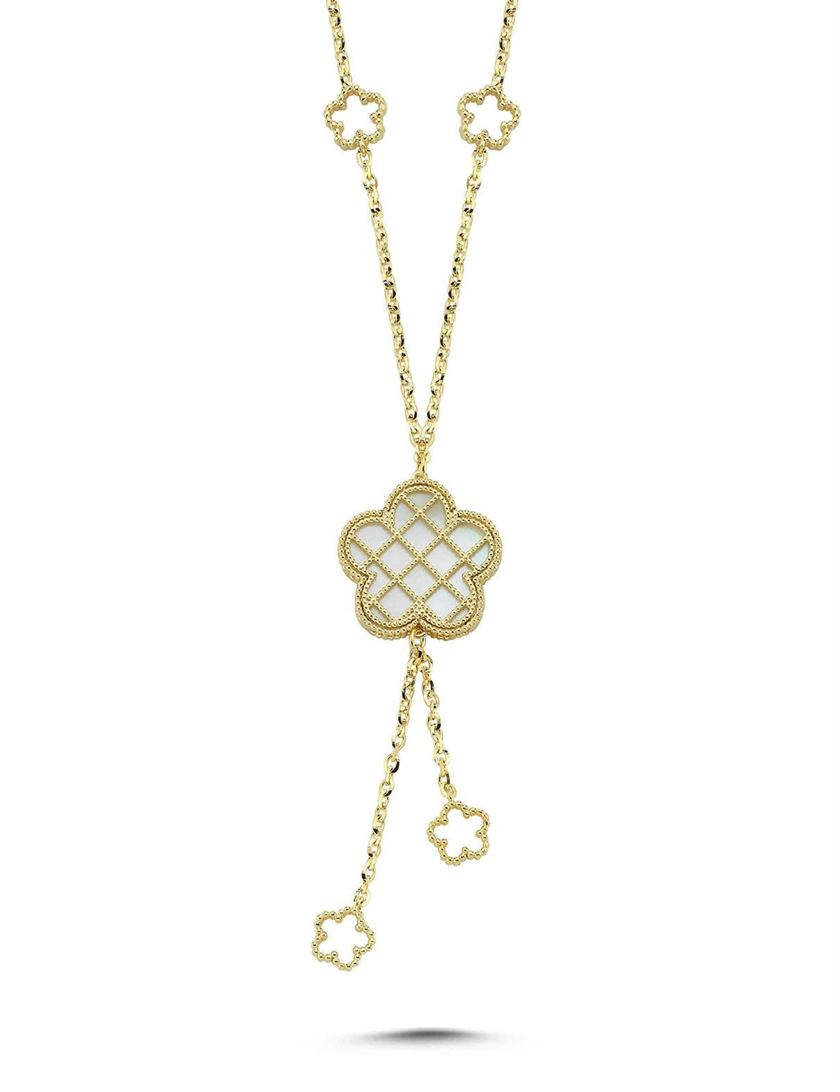 Reversible Blue White Floral Drop Gold Necklace