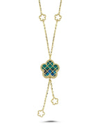 Reversible Blue White Floral Drop Gold Necklace