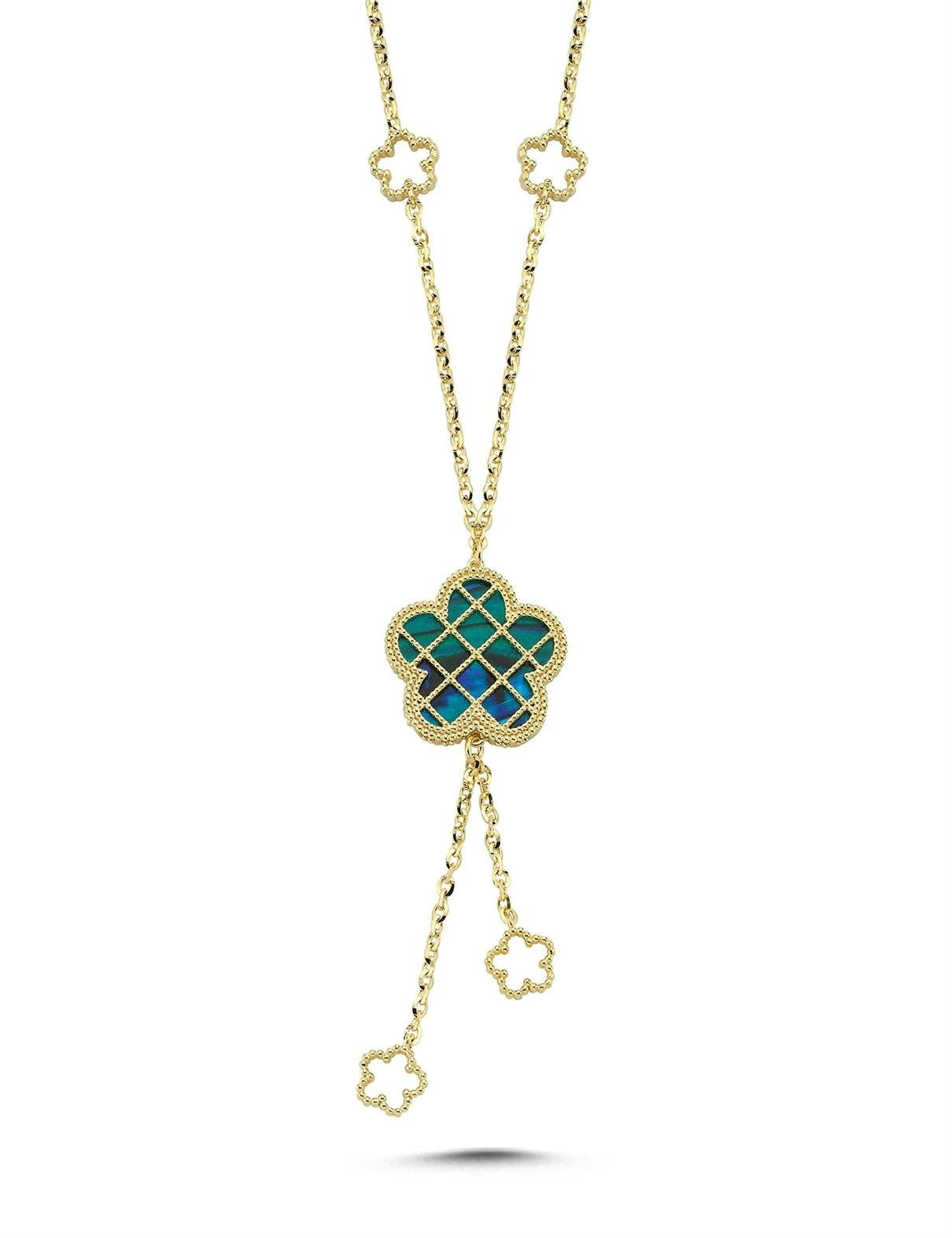 Reversible Blue White Floral Drop Gold Necklace