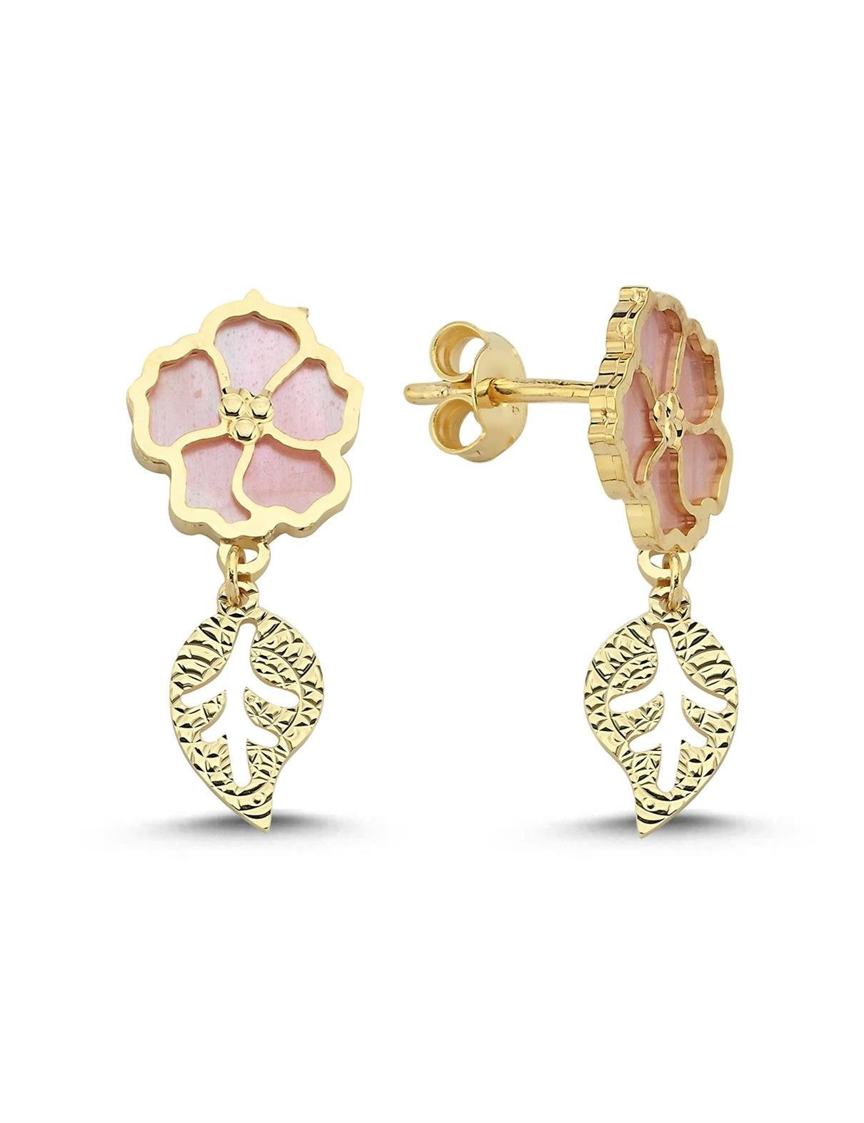 Pink Mother-of-Pearl Floral Dangle Leaf Gold Earrings Main image
