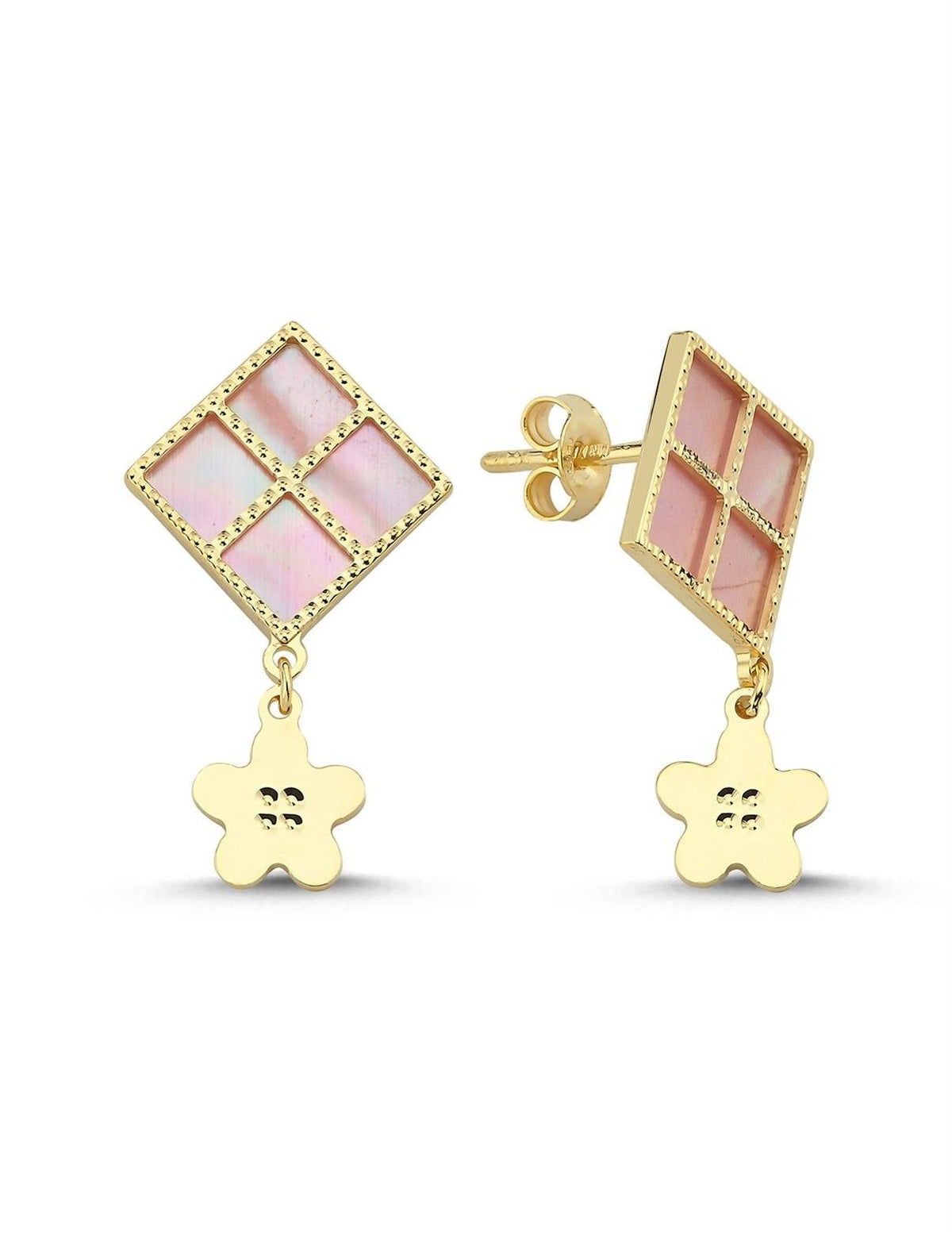 Pink Mother-of-Pearl Rectangular Drop Floral Gold Earrings Main image