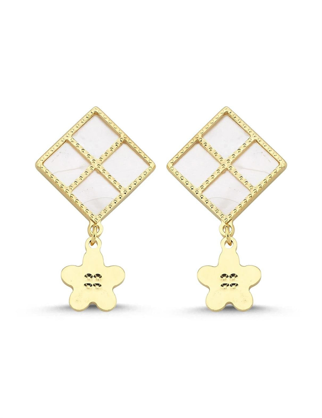 Pink Mother-of-Pearl Rectangular Drop Floral Gold Earrings