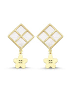 Pink Mother-of-Pearl Rectangular Drop Floral Gold Earrings