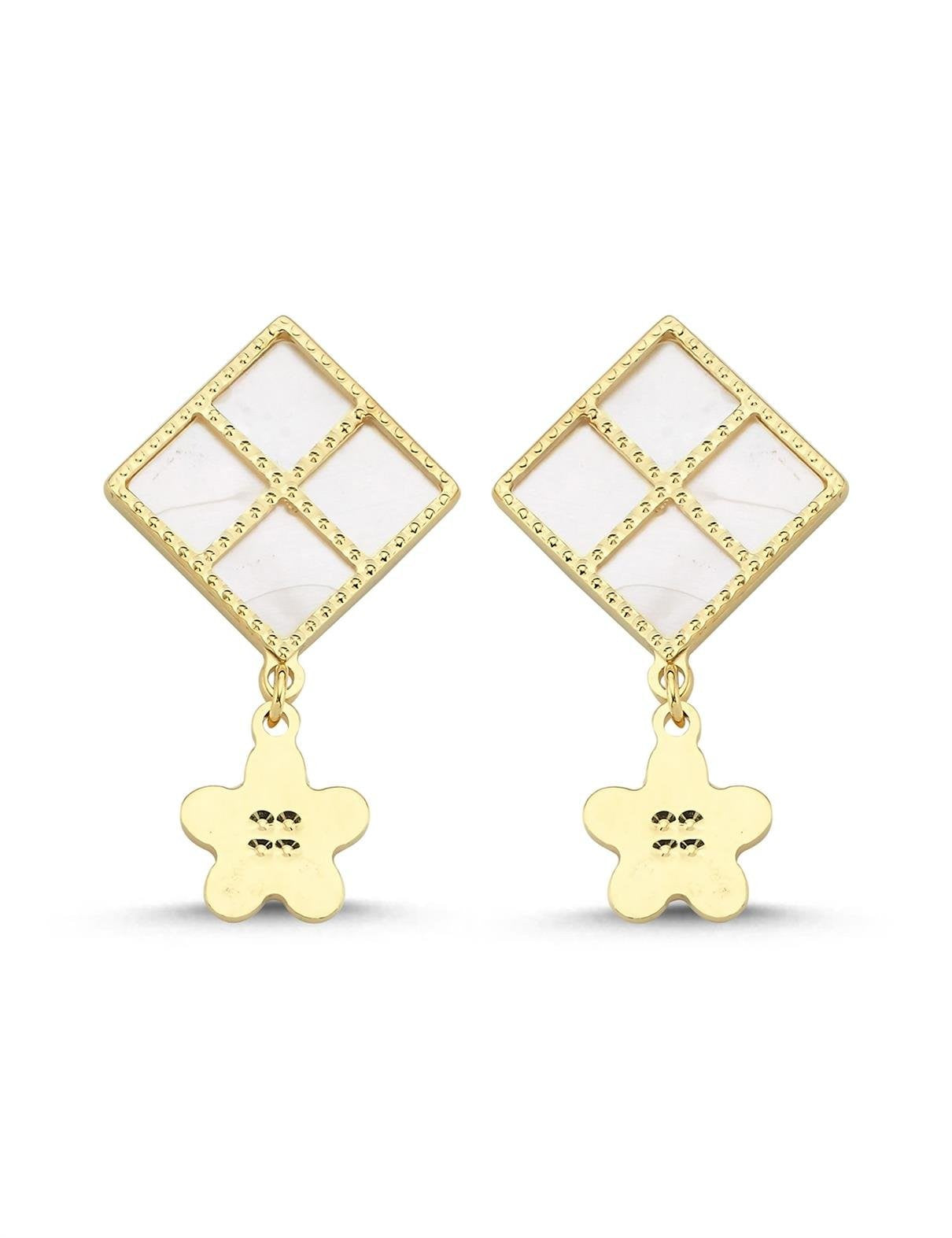 Pink Mother-of-Pearl Rectangular Drop Floral Gold Earrings
