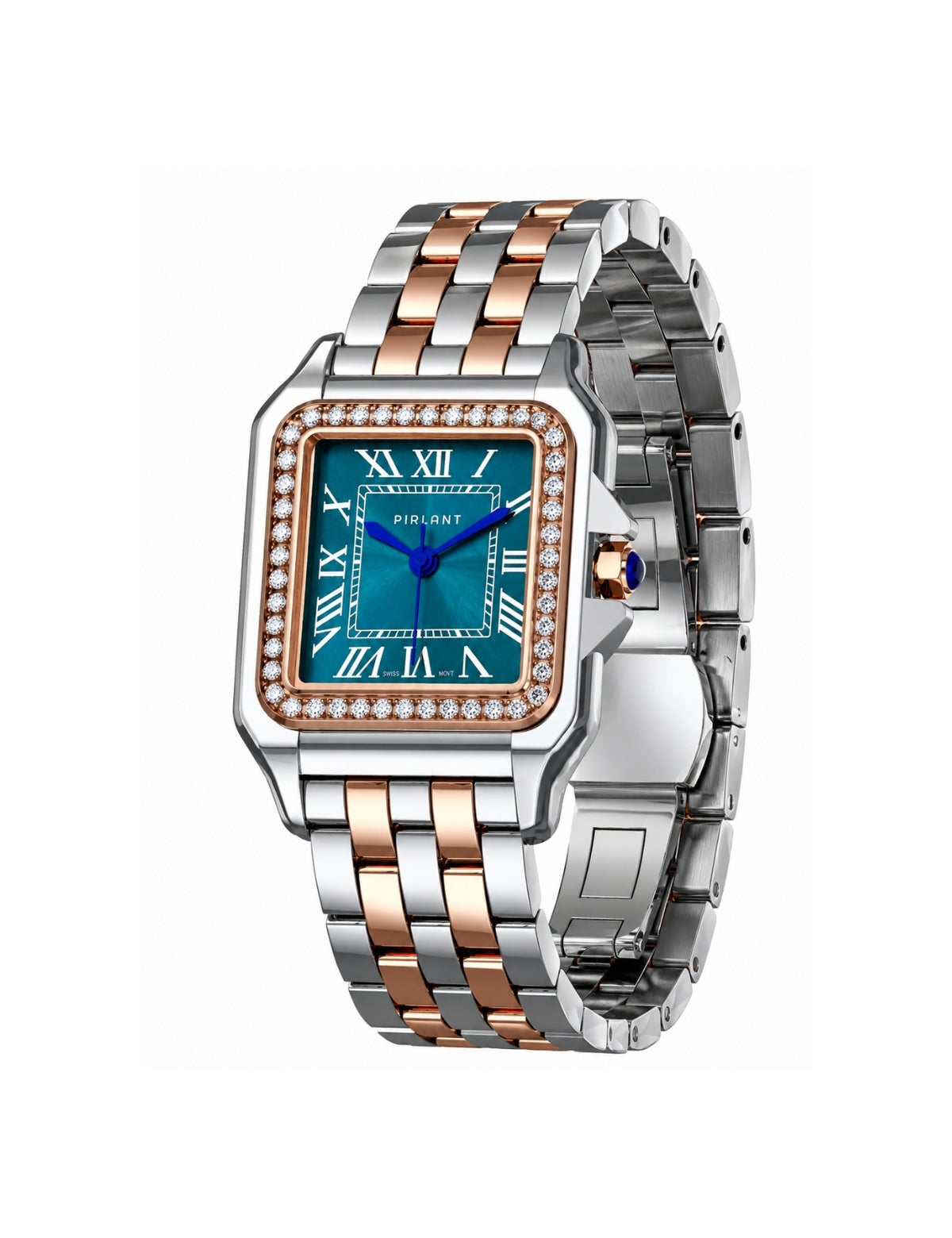 PIRLANT SBL03-3-PT Teal Dial Square Women's Quartz Watch – silver case and silver & gold bracelet