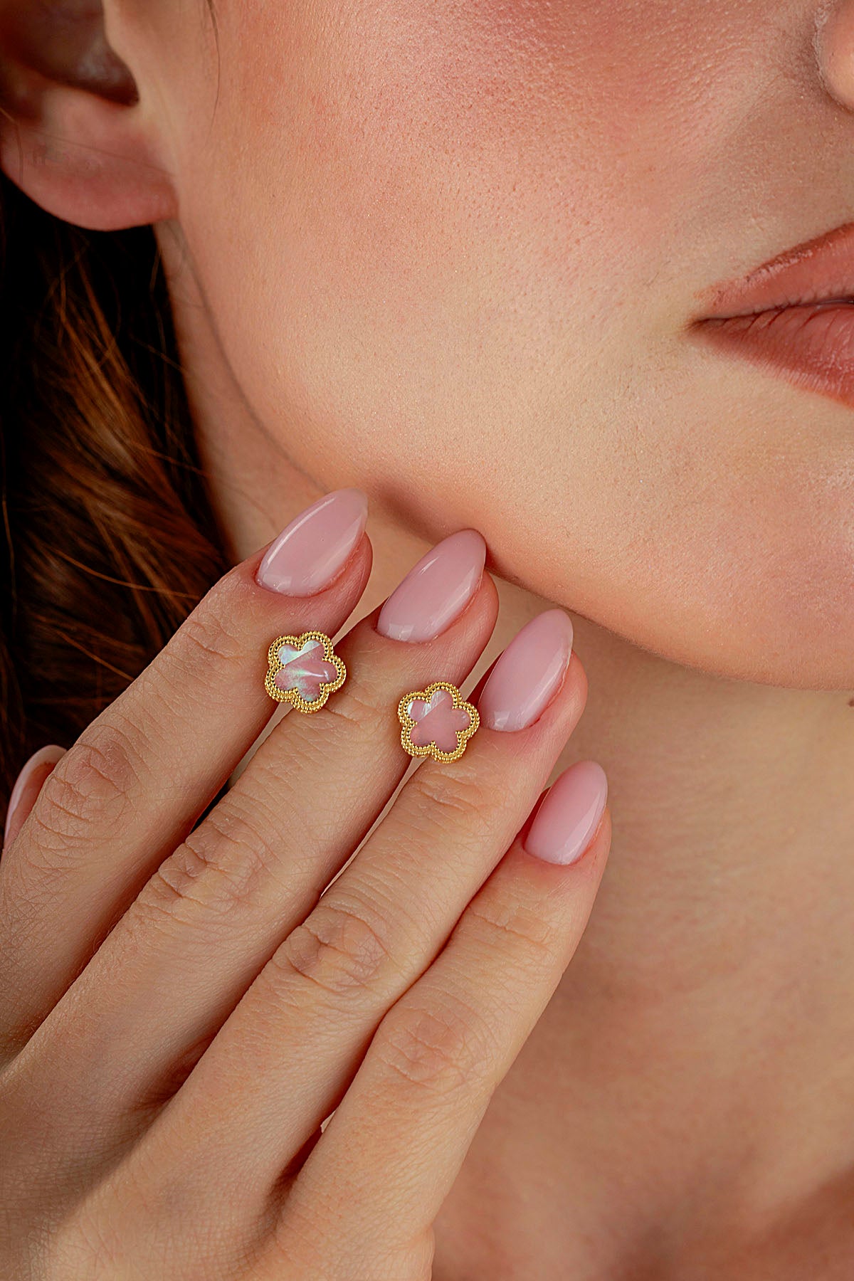 Pink Mother-of-Pearl Floral Gold Earrings