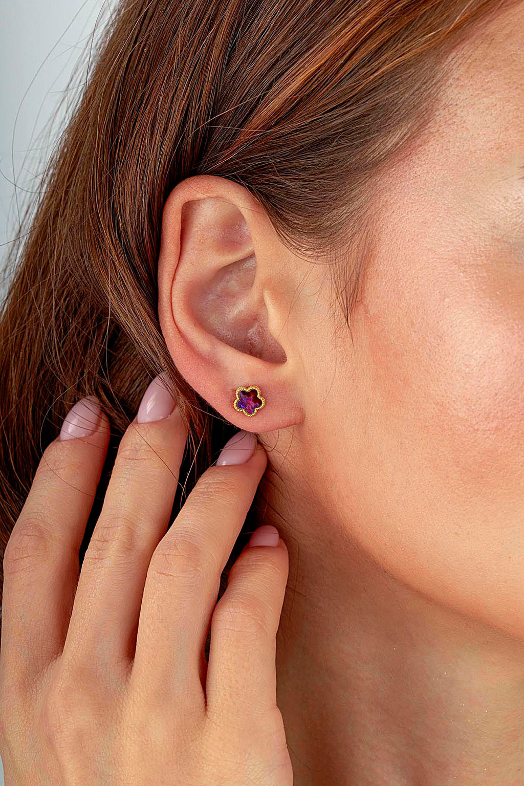 Burgundy Mother-of-Pearl Mini Floral Gold Earrings