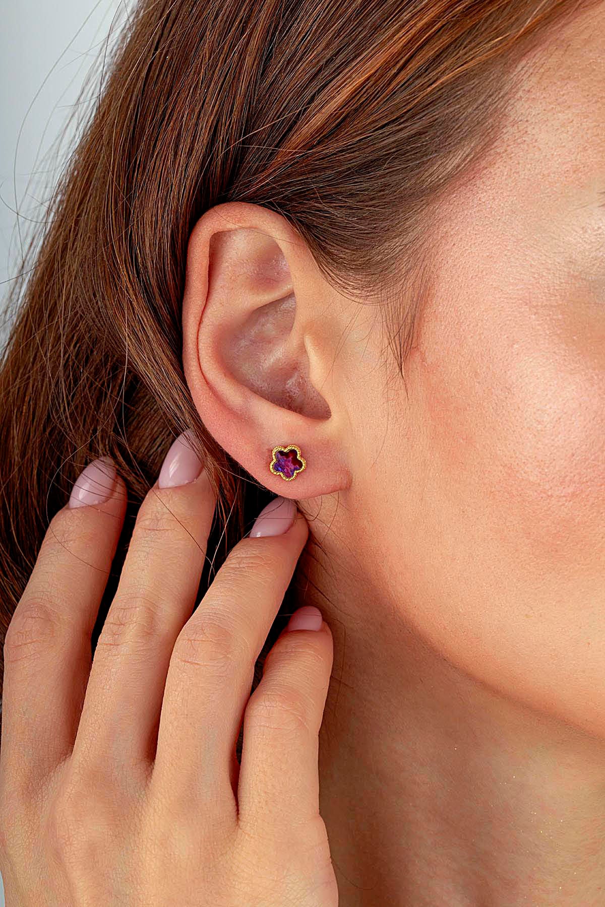 Burgundy Mother-of-Pearl Mini Floral Gold Earrings