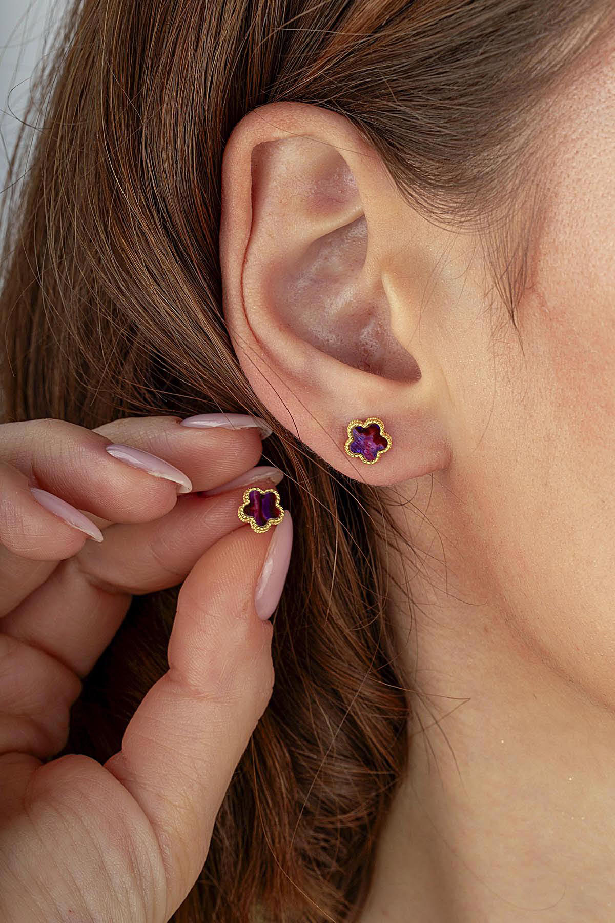 Burgundy Mother-of-Pearl Mini Floral Gold Earrings Secondary image