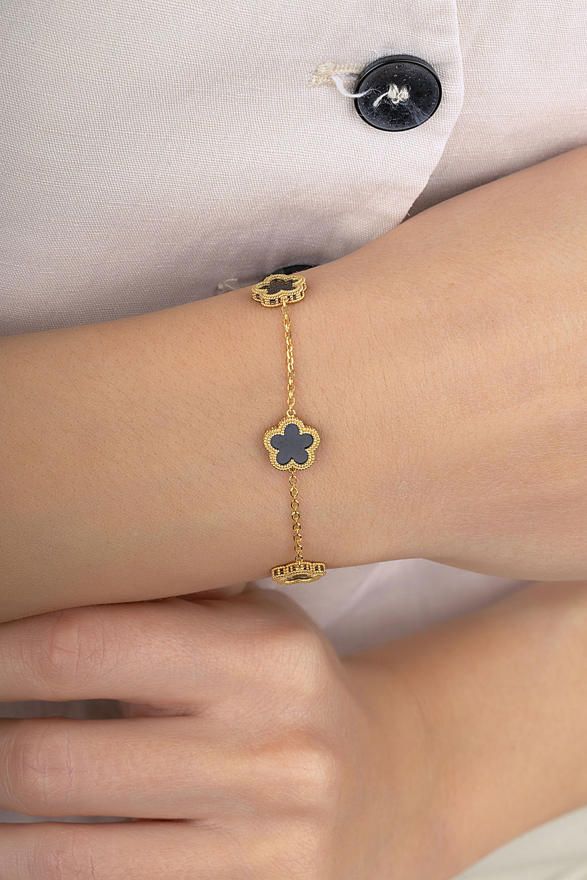 Reversible Black White 3 Floral Patterned Gold Bracelet Secondary image