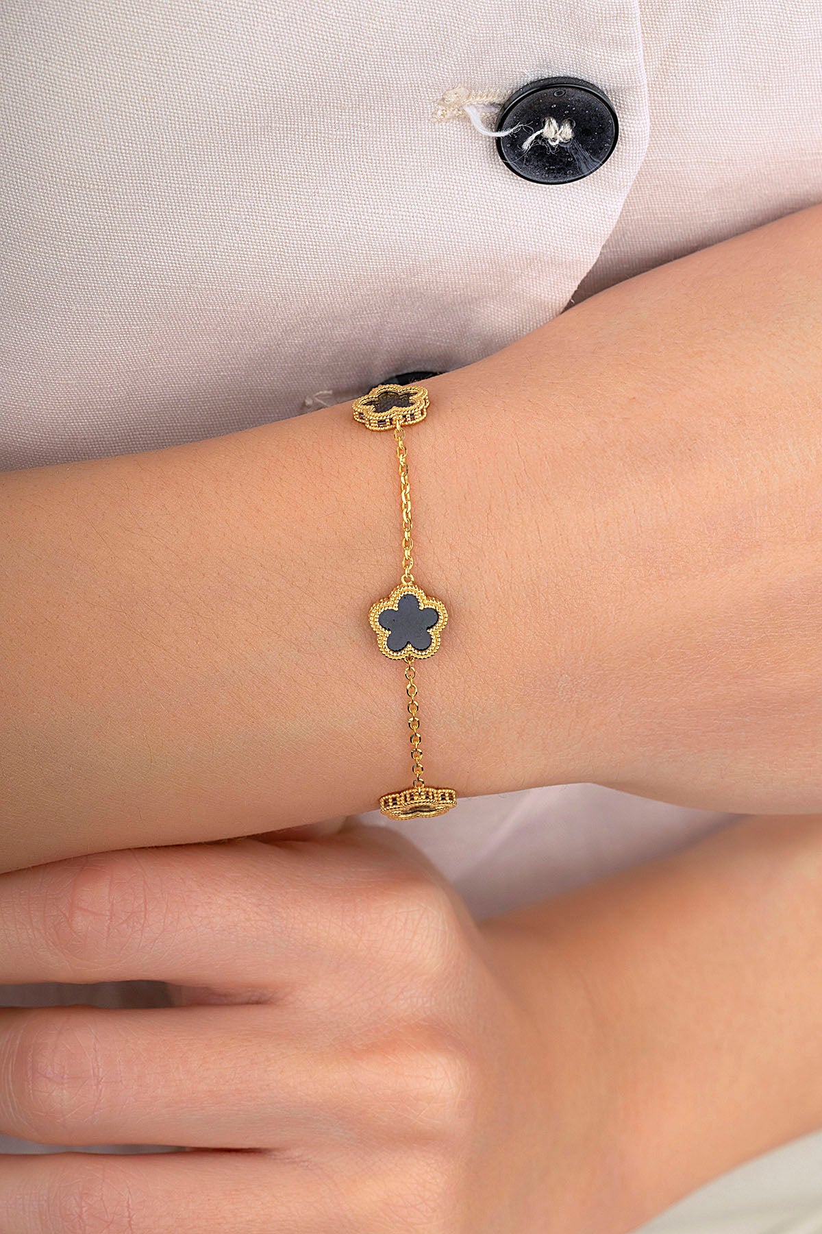 Reversible Black White 3 Floral Patterned Gold Bracelet