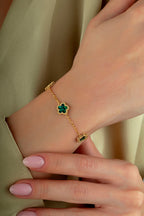 Reversible Green White 3 Floral Patterned Gold Bracelet