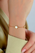 Reversible Green White 3 Floral Patterned Gold Bracelet