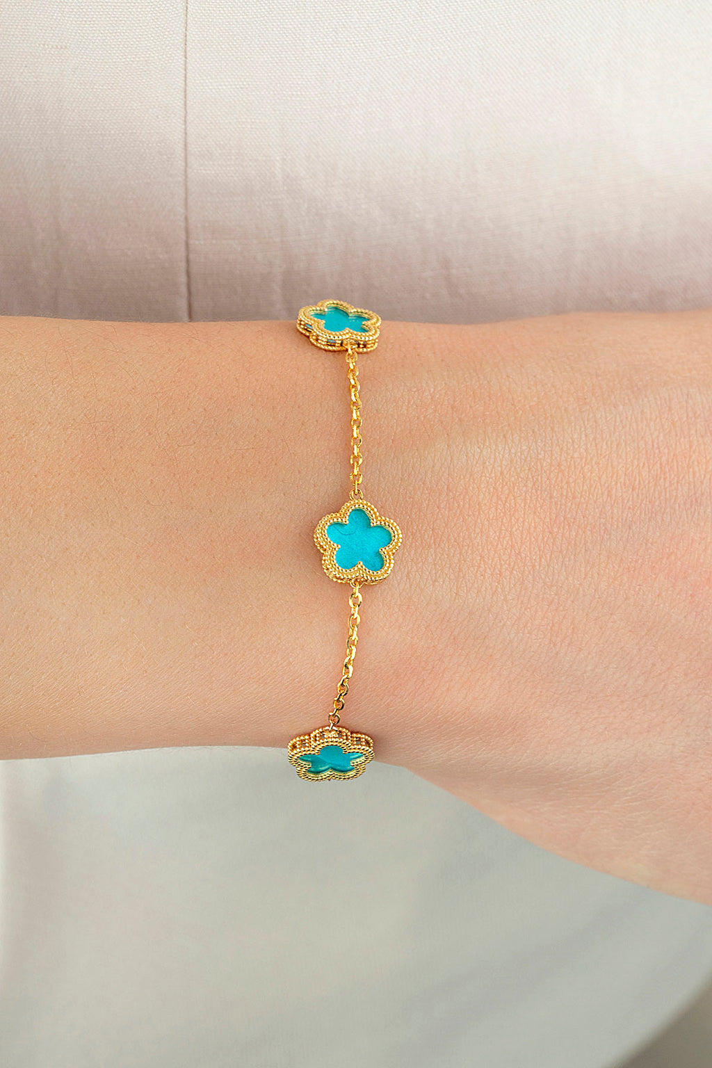Reversible Turquoise White 3 Floral Patterned Gold Bracelet