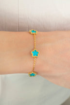 Reversible Turquoise White 3 Floral Patterned Gold Bracelet