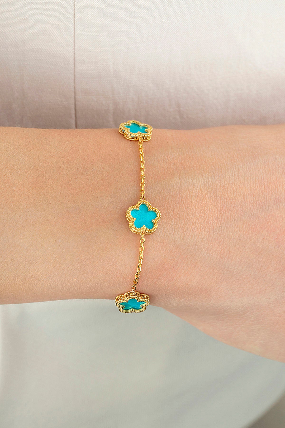 Reversible Turquoise White 3 Floral Patterned Gold Bracelet
