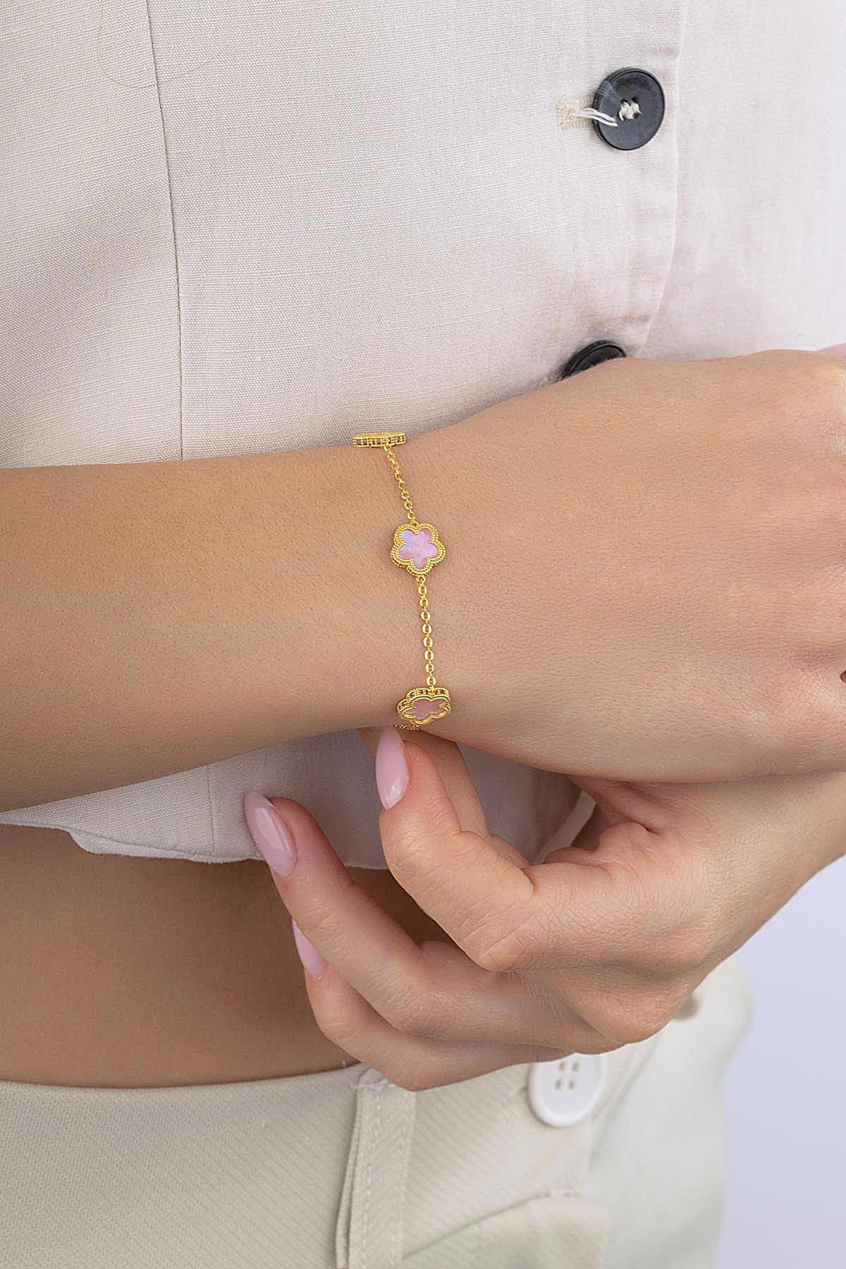 Reversible Pink White Mother-of-Pearl 3 Floral Gold Bracelet Main image