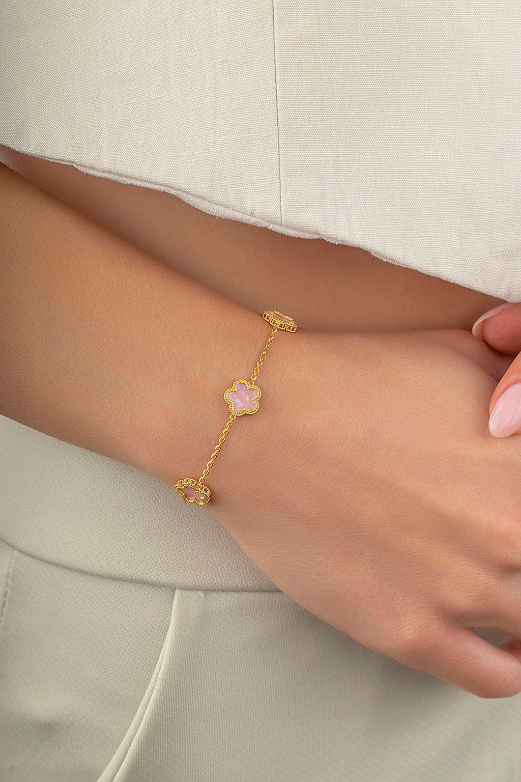 Reversible Pink White Mother-of-Pearl 3 Floral Gold Bracelet