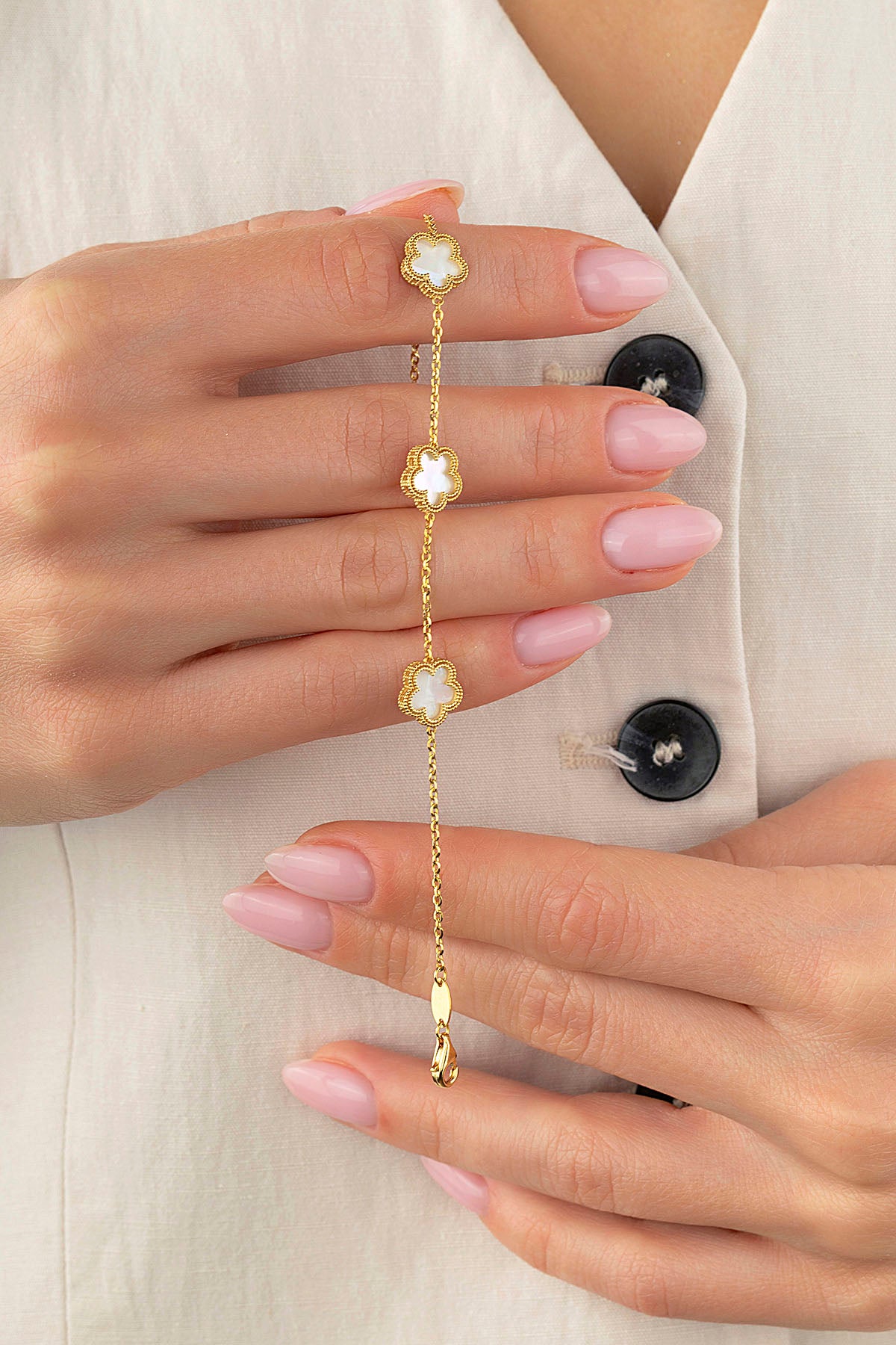 Reversible Pink White Mother-of-Pearl 3 Floral Gold Bracelet