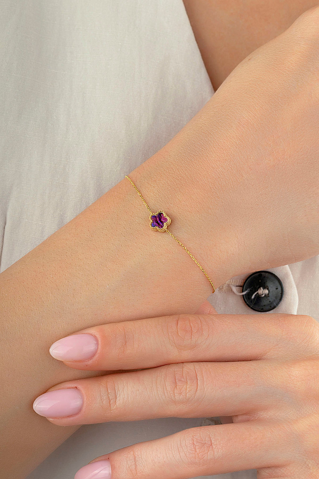 Reversible Purple White Mother-of-Pearl Floral Gold Bracelet