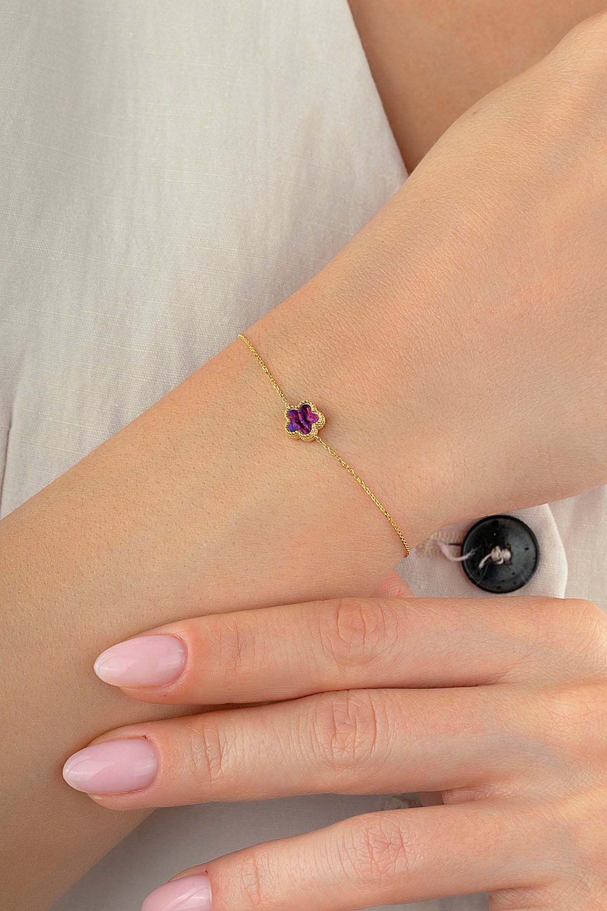 Reversible Purple White Mother-of-Pearl Floral Gold Bracelet