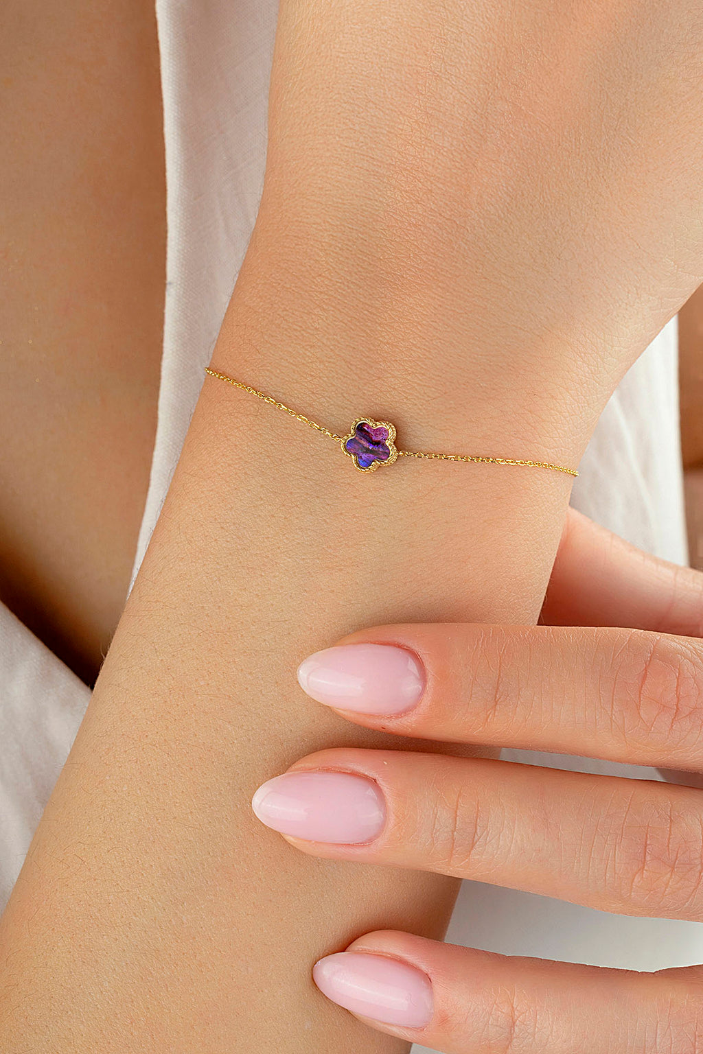 Reversible Purple White Mother-of-Pearl Floral Gold Bracelet