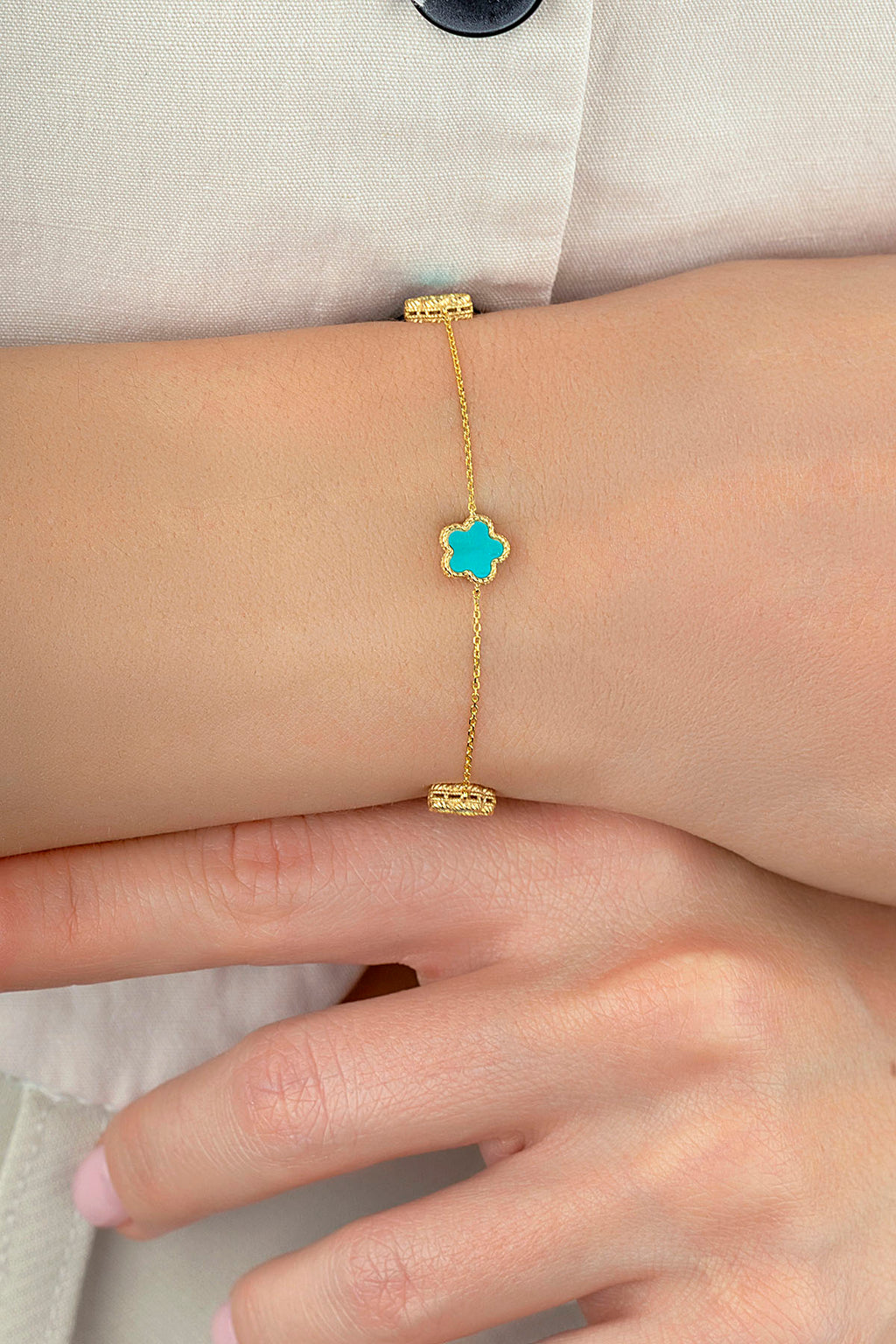 Reversible Turquoise White Mother-of-Pearl Wide 3 Floral Gold Bracelet