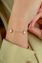 Reversible Green White Mother-of-Pearl Wide 3 Floral Gold Bracelet