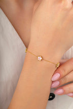 Reversible Pink White Mother-of-Pearl Wide 3 Floral Gold Bracelet
