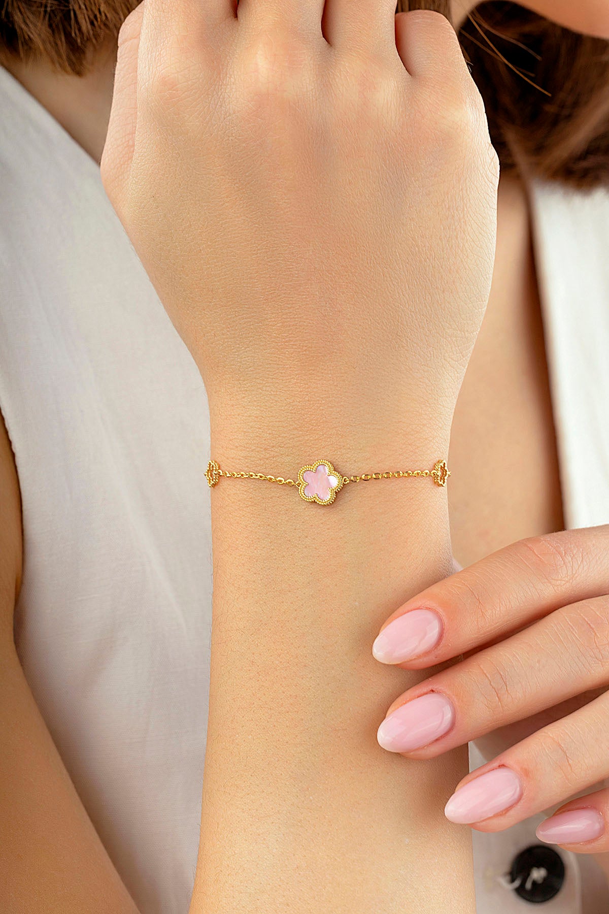 Reversible Pink White Mother-of-Pearl Floral Gold Bracelet