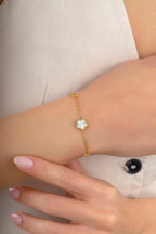 Reversible Black White Mother-of-Pearl Floral Gold Bracelet