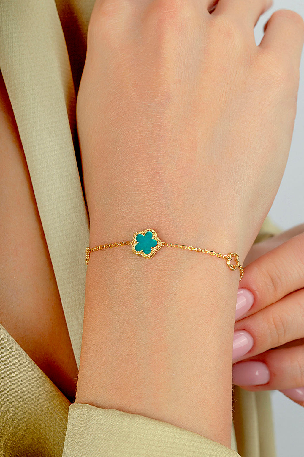 Reversible Turquoise White Mother-of-Pearl Floral Gold Bracelet