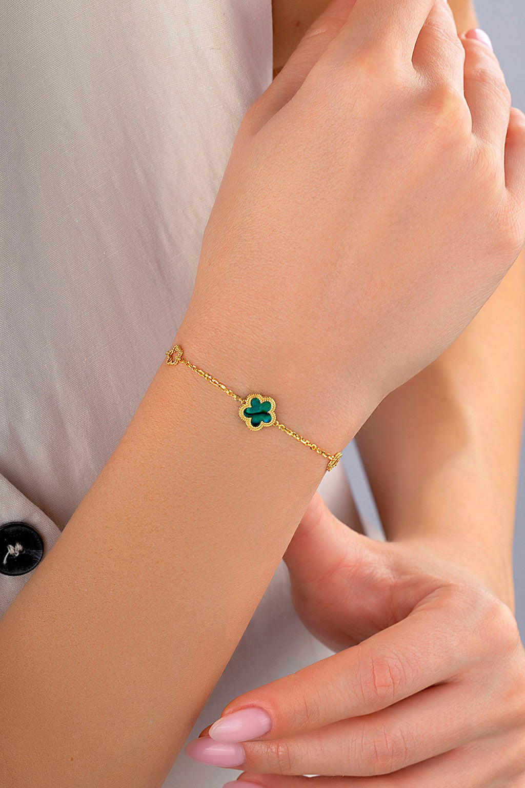 Reversible Green White Mother-of-Pearl Floral Gold Bracelet