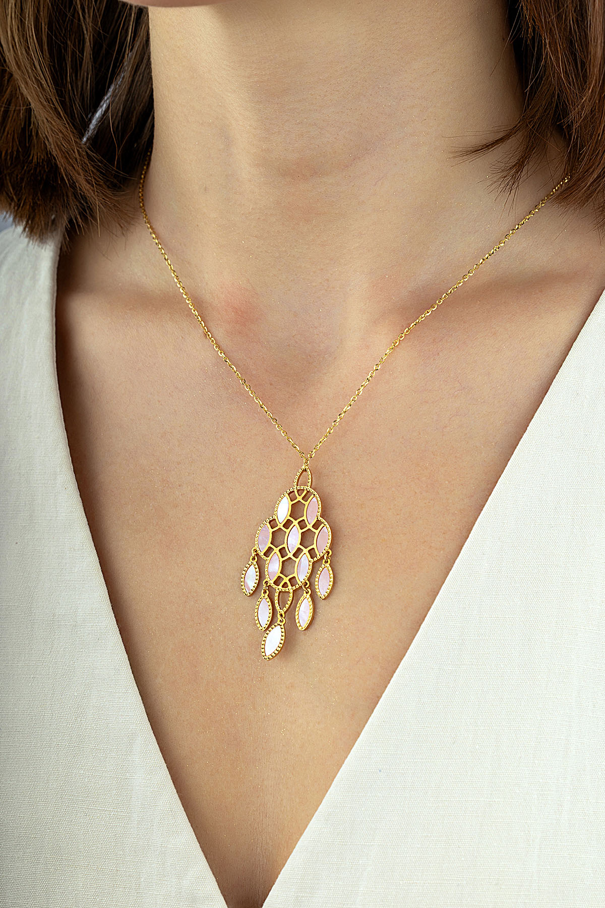 Reversible Pink White Mother-of-Pearl Design Italian Gold Necklace Main image