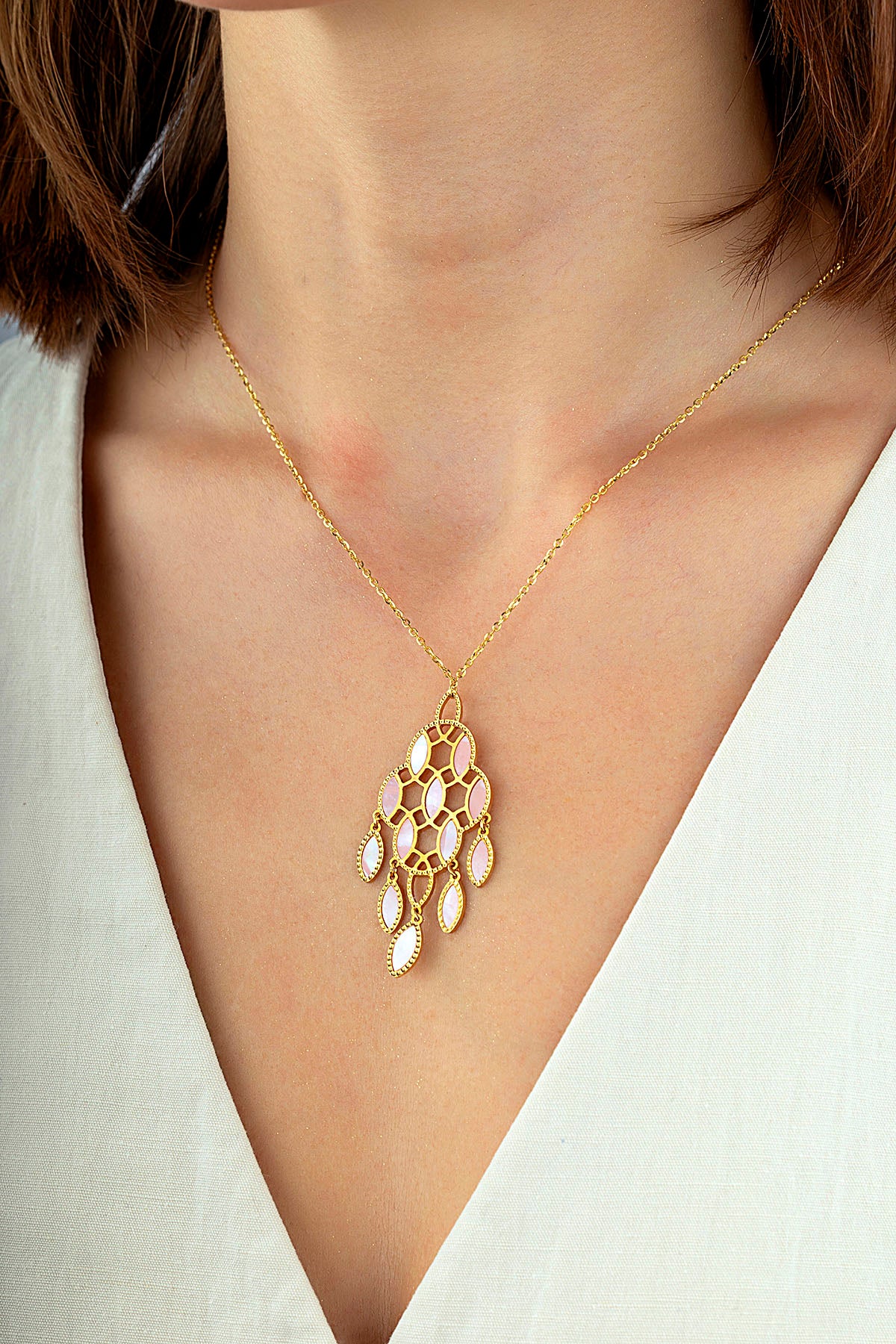 Reversible Pink White Mother-of-Pearl Design Italian Gold Necklace