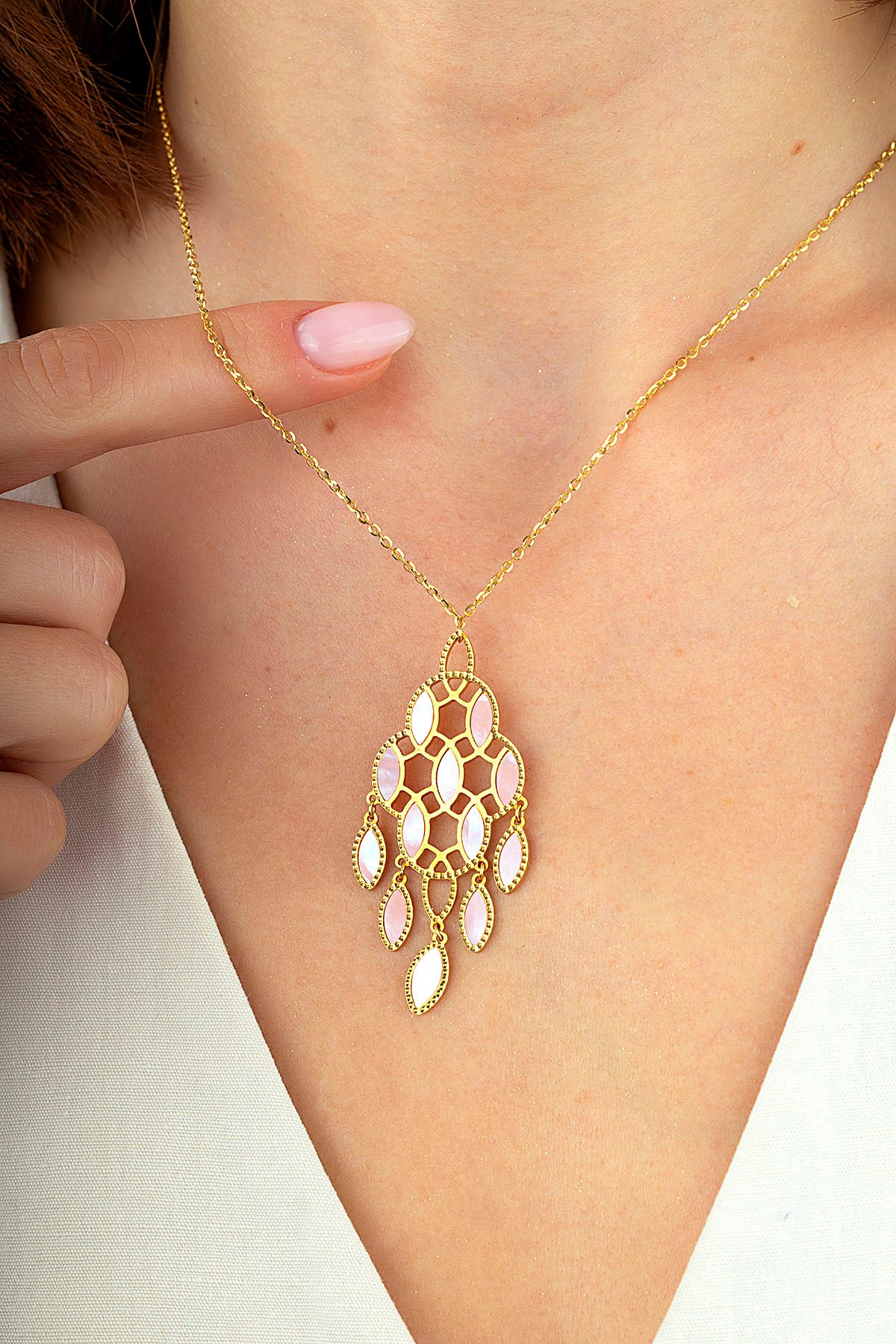 Reversible Pink White Mother-of-Pearl Design Italian Gold Necklace