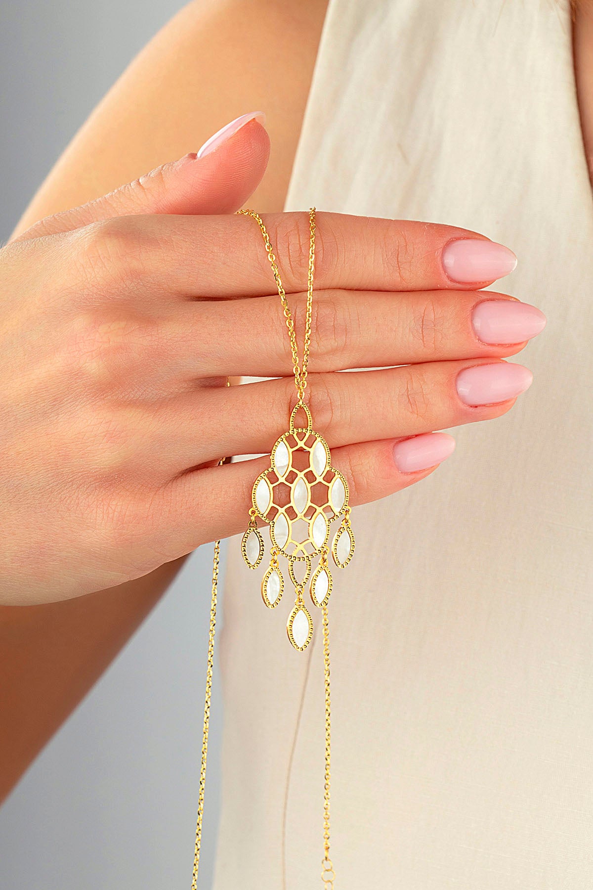 Reversible Pink White Mother-of-Pearl Design Italian Gold Necklace