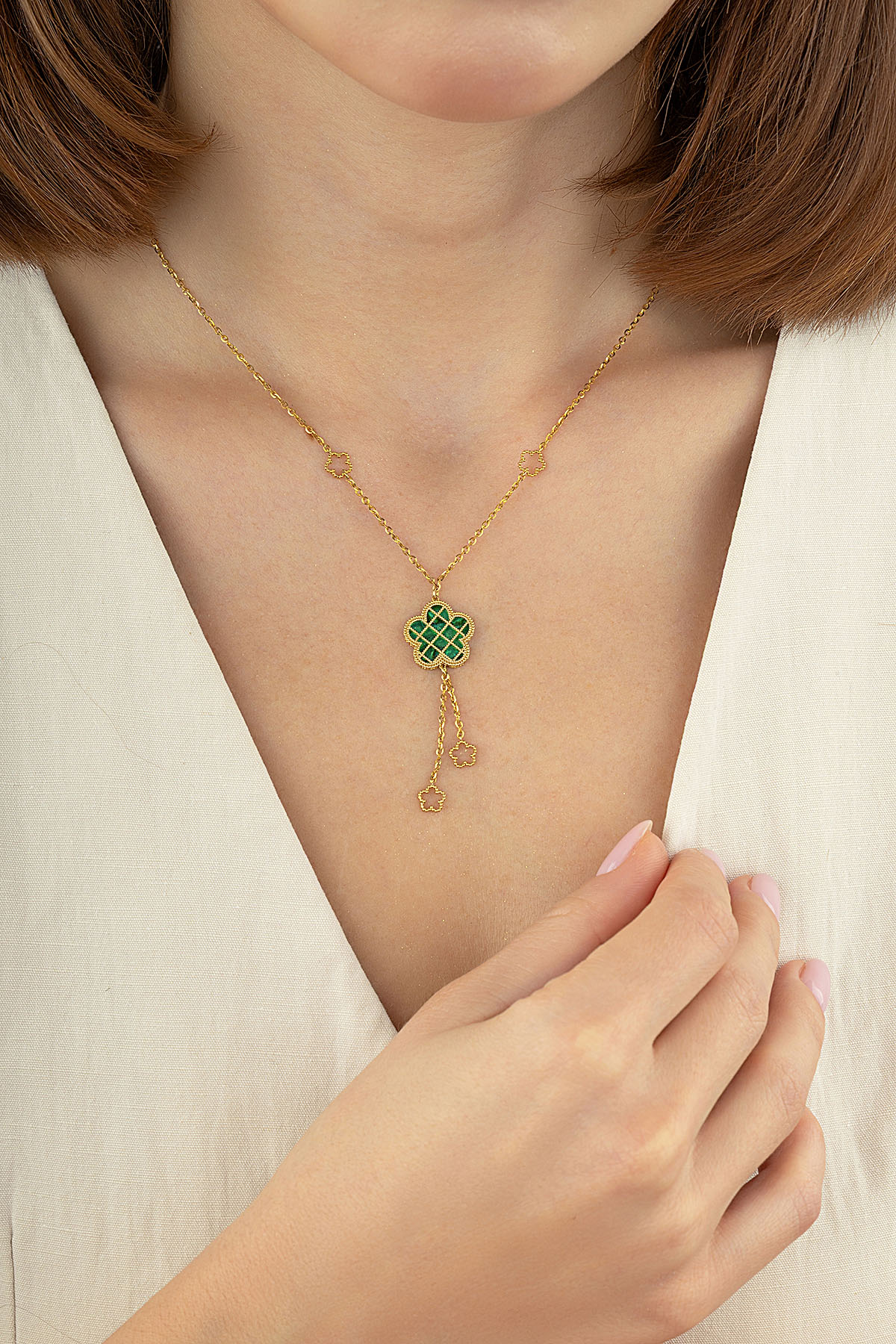 Reversible Green White Floral Drop Gold Necklace Main image
