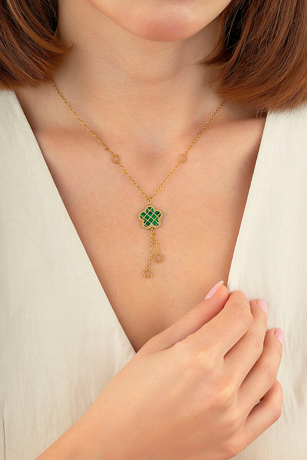 Reversible Green White Floral Drop Gold Necklace