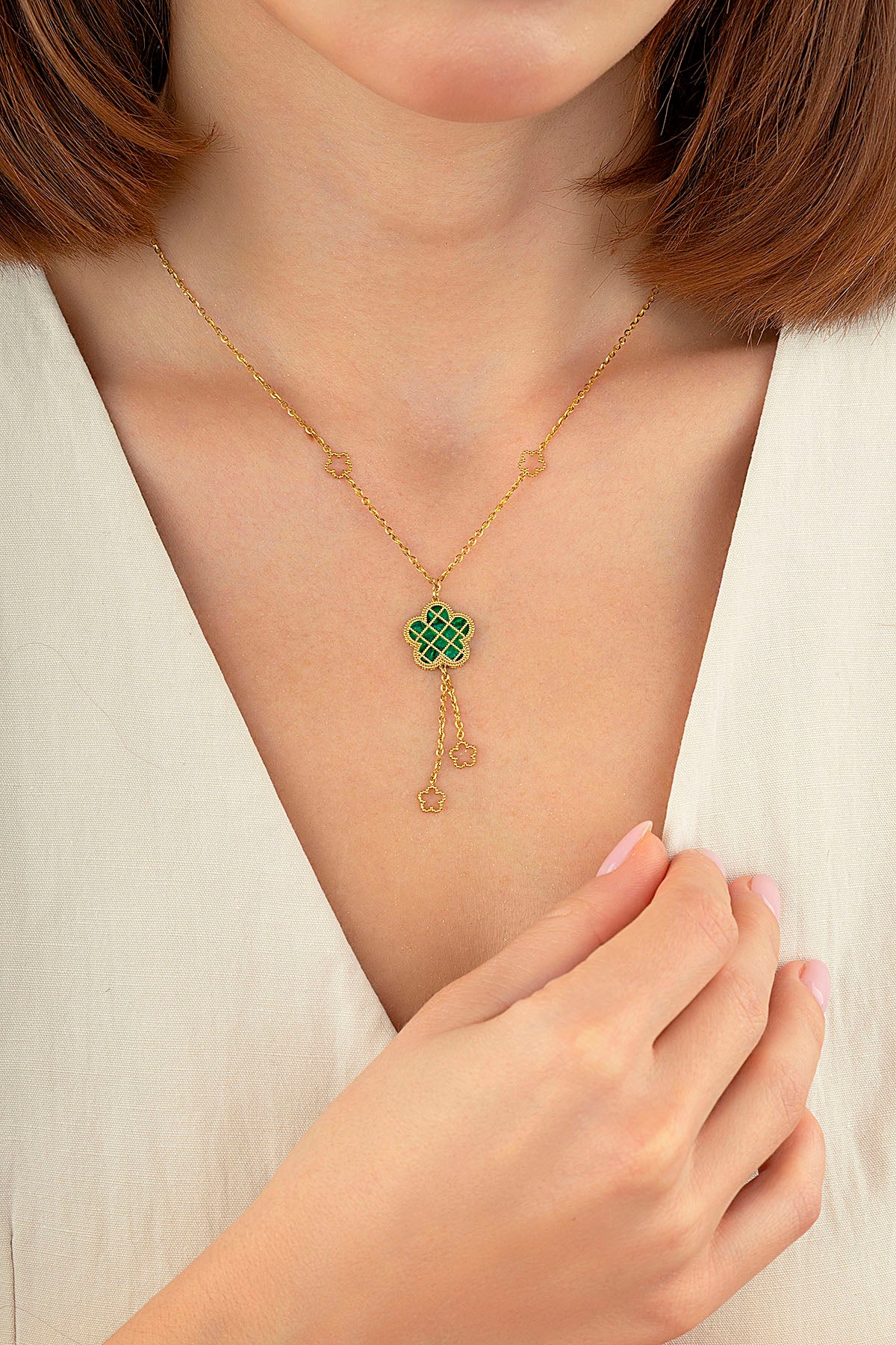 Reversible Green White Floral Drop Gold Necklace