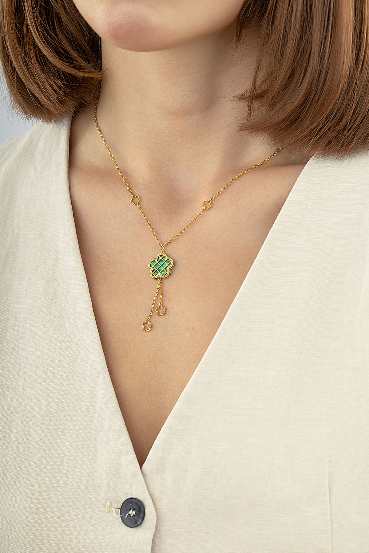 Reversible Green White Floral Drop Gold Necklace Secondary image