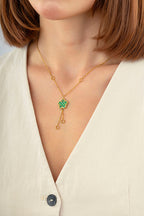 Reversible Green White Floral Drop Gold Necklace