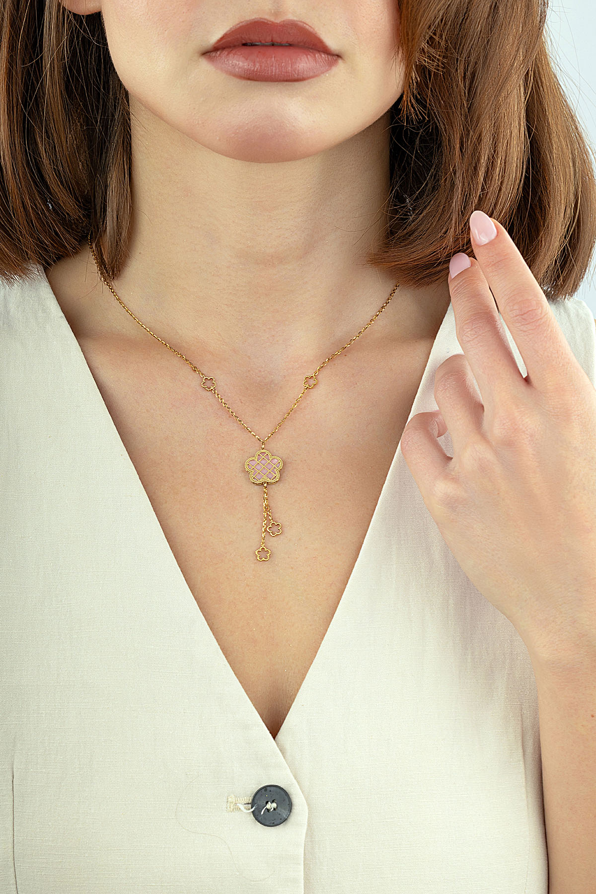 Reversible Pink White Floral Drop Gold Necklace Main image