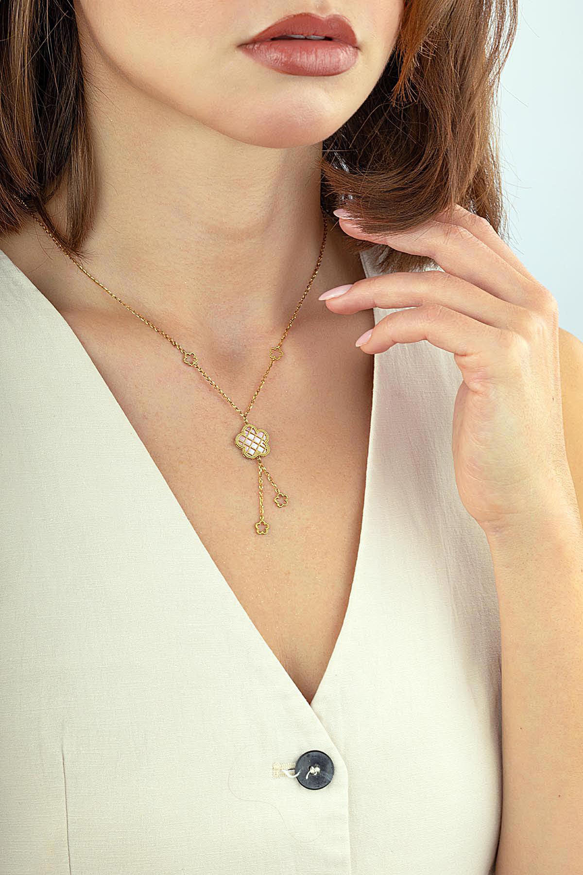 Reversible Pink White Floral Drop Gold Necklace Secondary image