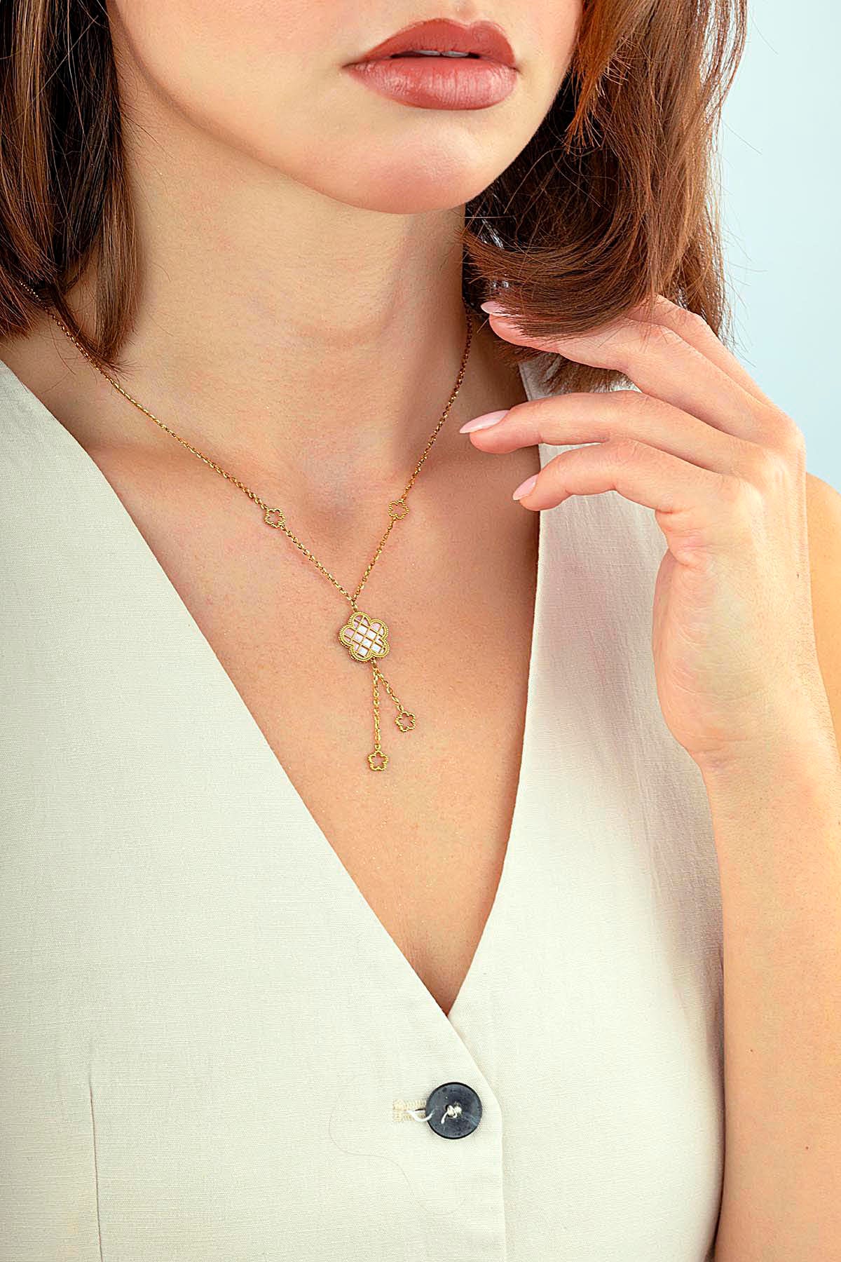 Reversible Pink White Floral Drop Gold Necklace