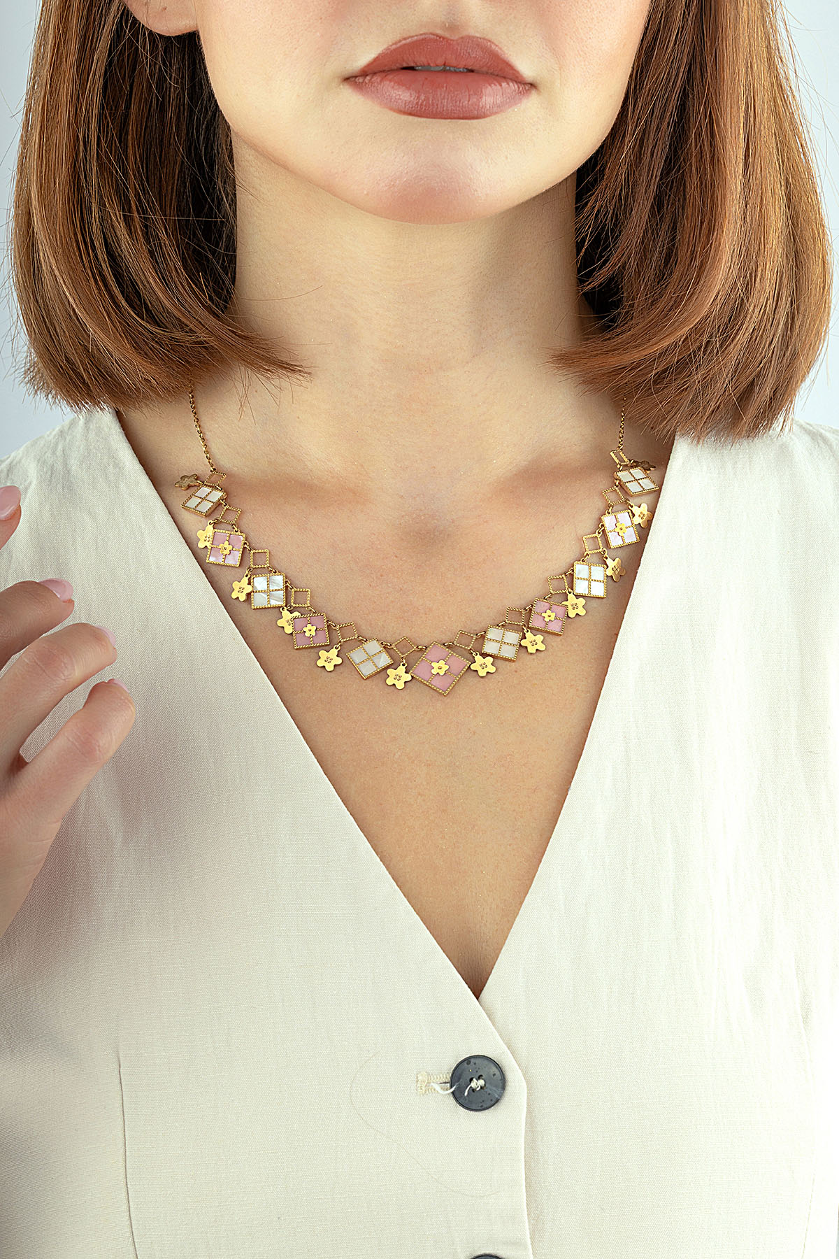 White Pink Mother-of-Pearl Rectangular Shape Italian Gold Necklace Main image