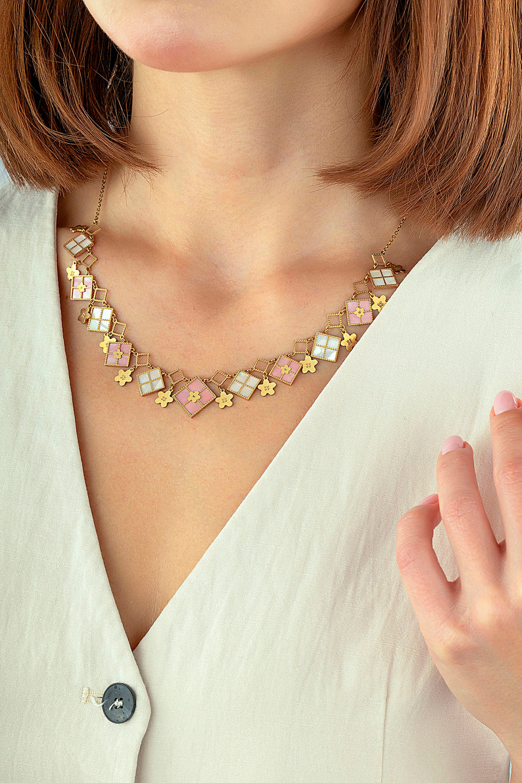 White Pink Mother-of-Pearl Rectangular Shape Italian Gold Necklace